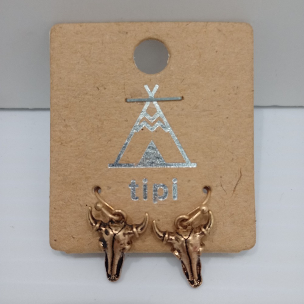 Tipi Western Bull Skull Earrings‎ Gold Tone Dangle Boutique Style Pierced